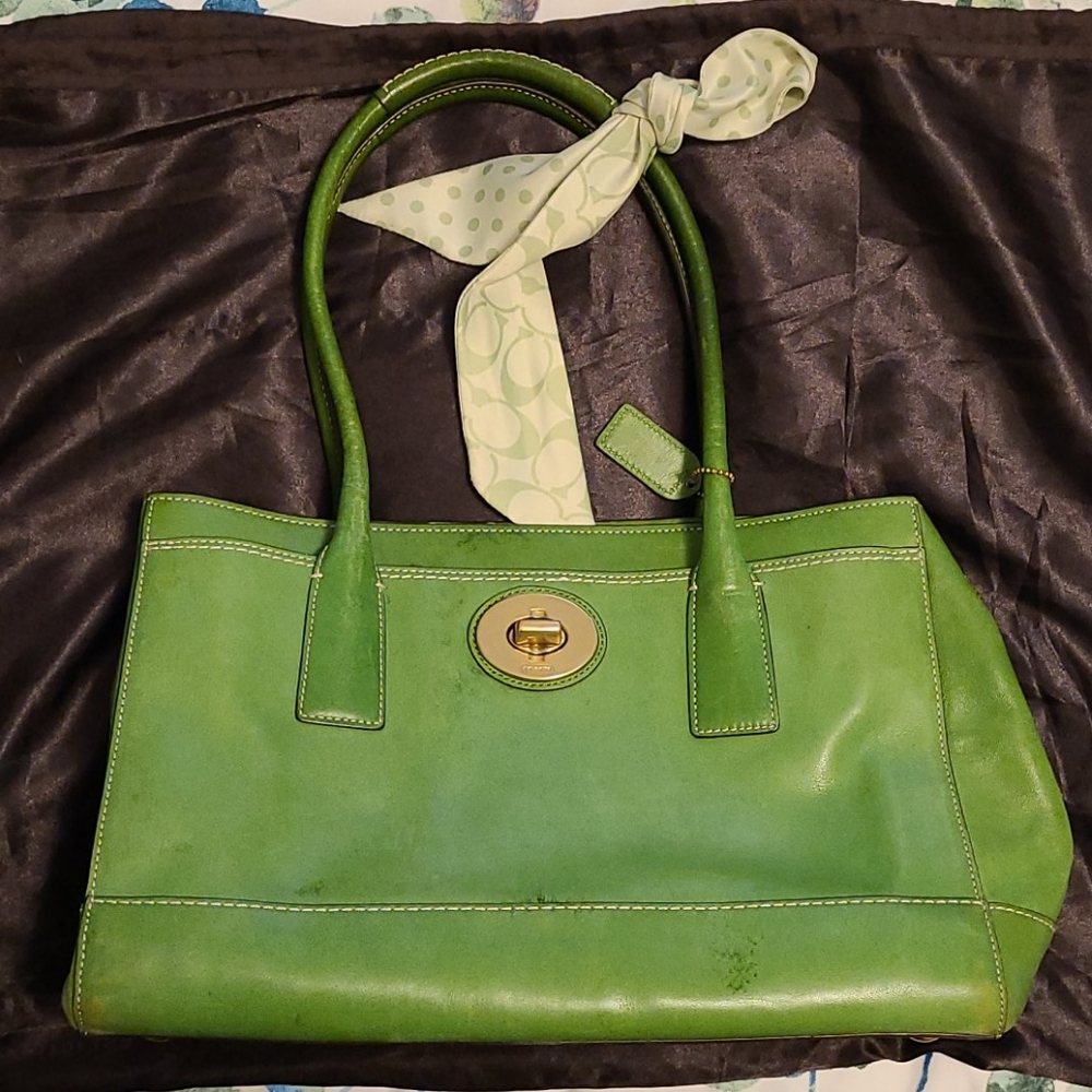Coach Green leather handbag 14" x 9"